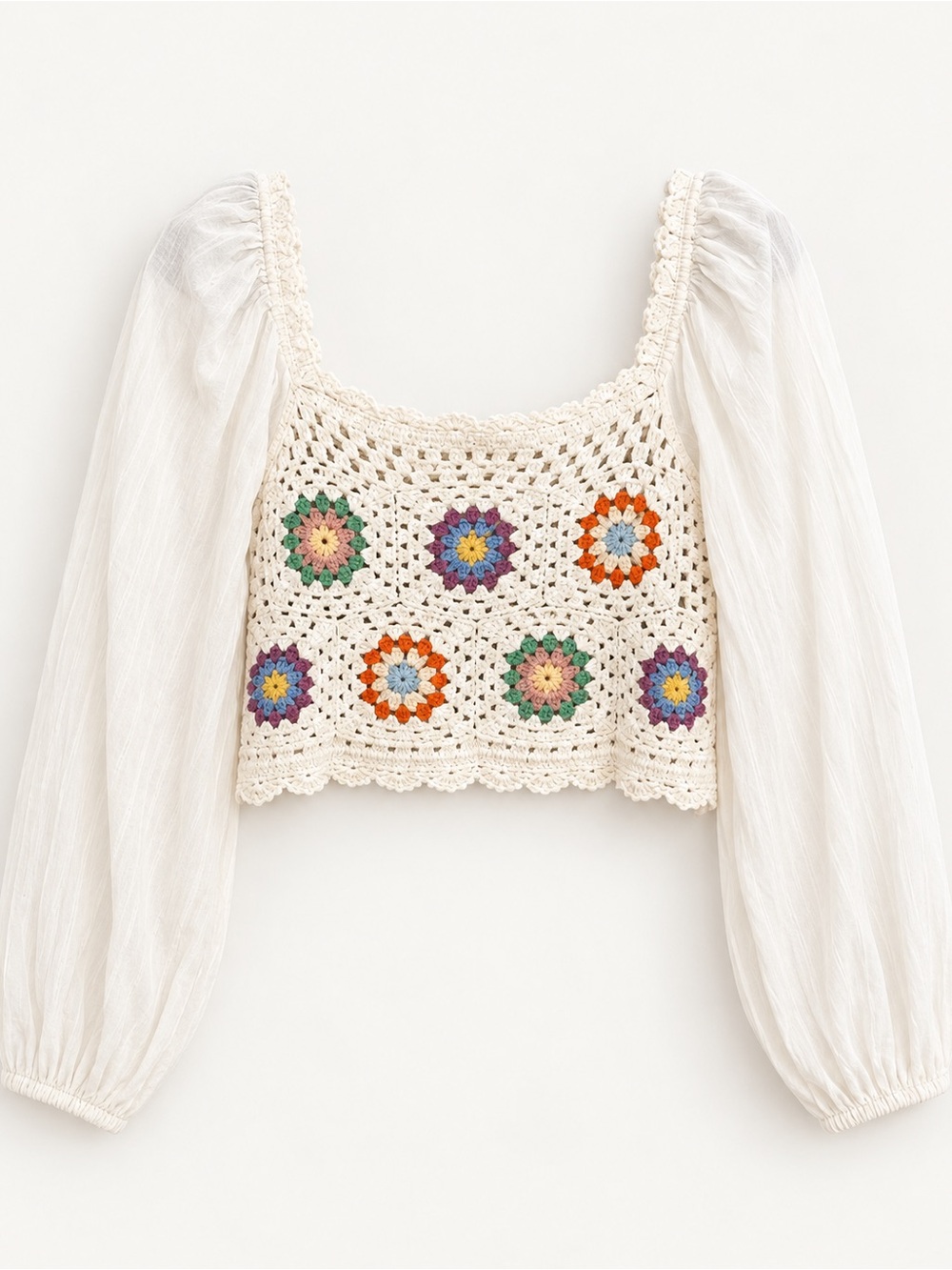 Aerie S/P Ivory Crochet Granny Square Floral Puff Sleeve Crop Top